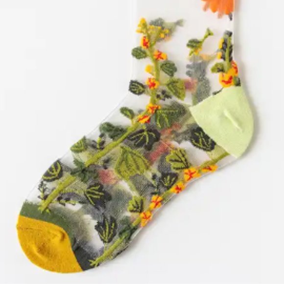 Orange Lime Green Sun Floral Transparent Sheer Peekaboo See-through Hose Socks - Picture 2 of 3